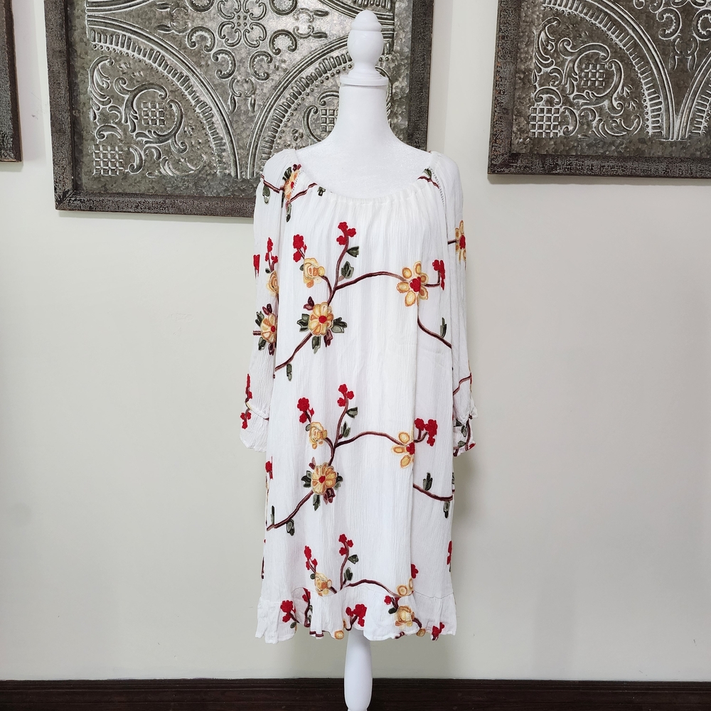 Liv Los Angeles White Guazy Floral Embroidered Loose Fitting Mini Dress Boho XL